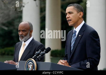 Mar. 10, 2010 - Washington, D.C, USA - March 10th, 2010 - Washington, District of Columbia, USA - President BARACK OBAMA and Haitian President RENÆ’ PRÆ’VAL speak to the press in the Rose Garden following their meeting.  President Preval thanked the United States for the hundreds of millions of doll Stock Photo