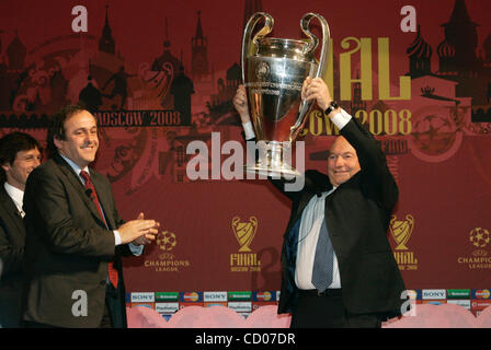 The 2008 UEFA Champions League Final will be played on 21 May 2008 at the Luzhniki Stadium in Moscow, Russia. Pictured: UEFA President Michel Platini (l) and mayor of Moscow Yuri Luzhkov with UEFA CUP. Platini brought the UEFA Cup to Moscow Stock Photo