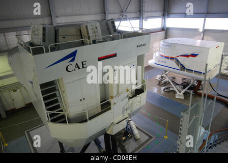 Aeroflot Flight training school in Moscow. Pictured: A320 airbus jet Flight Simulator (l) for flight training. A flight simulator is a system that tries to copy, or simulate, the experience of flying an aircraft. Stock Photo