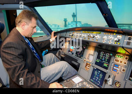Aeroflot Flight training school in Moscow. Pictured: Interior cockpit of A320 airbus Flight Simulator. A flight simulator is a system that tries to copy, or simulate, the experience of flying an aircraft. Stock Photo