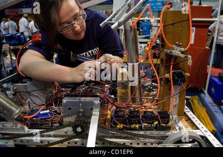 Mar 20, 2008 - Sacramento, California, USA - ELIZABETH MAGANA,17, of Presentation High School in San Jose, CA works on her team's entry during a robotics competition at UC Davis in Davis on Thursday March 20, 2008.  High Schools teams from all over the west coast competed in a competition requiring  Stock Photo
