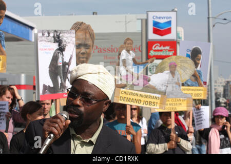 Oct 27, 2008; San Francisco, CA, USA; PRINCE AYO AJISEBUTU of Nigeria speaks at a San Francisco 'Chevwrong' rally marking opening day of human rights lawsuit against Chevron. In Bowoto vs. Chevron, Chevron is charged with the killing of unarmed Nigerians who protested environmental and economic harm Stock Photo