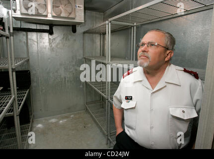 November 17, 2008, Escondido, CA, USA Major DAVID EBEL, the Corps Officer of The Salvation Army Escondido Corps Community Center, stands in the nearly emtpy freezer pof the facility's kitchen. Usually this close to Thanksgiving there's at least 25 donated turkeys here for their annual Thanksgiving d Stock Photo