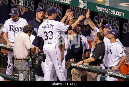 Oct 23, 2008 - St. Petersburg, Florida, USA - JAMES SHIELDS is greeted at the dugout after leaving the game in the 6th inning of World Series Game Two at Tropicana Field. An early barrage of runs helped Tampa Bay Rays win 4-2 and level the World Series at 1-1 as the visiting Philadelphia Phillies' b Stock Photo