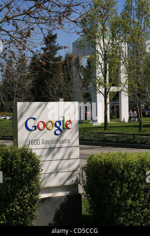 Apr 15, 2008 - Mountain View, California, USA - The headquarters of Google, located in Mountain View, California, in the heart of Silicon Valley.  Photo series shows famed buildings, grounds, people,  signs, logo, volleyball court, umbrellas, and dining area at Google headquarters. Google states its Stock Photo