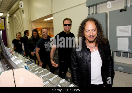 Apr 19, 2008 - Mountain View, California, USA - The heavy metal band Metallica officially launched Record Store Day, with an in-store signing and fan meet and greet at Rasputin Music in Mountain View, California, the band's first in-store appearance in nearly a decade. PICTURED: JAMES HETFIELD, LARS Stock Photo