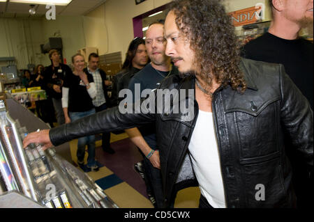 Apr 19, 2008 - Mountain View, California, USA - The heavy metal band Metallica officially launched Record Store Day, with an in-store signing and fan meet and greet at Rasputin Music in Mountain View, California, the band's first in-store appearance in nearly a decade. PICTURED: JAMES HETFIELD, LARS Stock Photo