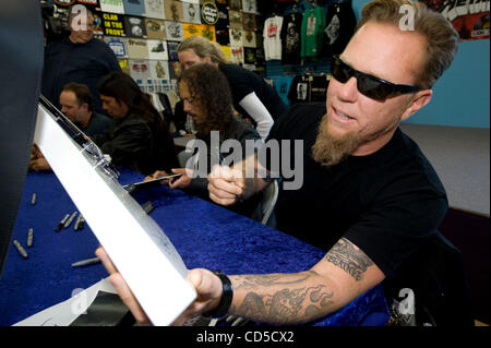 Apr 19, 2008 - Mountain View, California, USA - The heavy metal band Metallica officially launched Record Store Day, with an in-store signing and fan meet and greet at Rasputin Music in Mountain View, California, the band's first in-store appearance in nearly a decade. PICTURED: JAMES HETFIELD, LARS Stock Photo