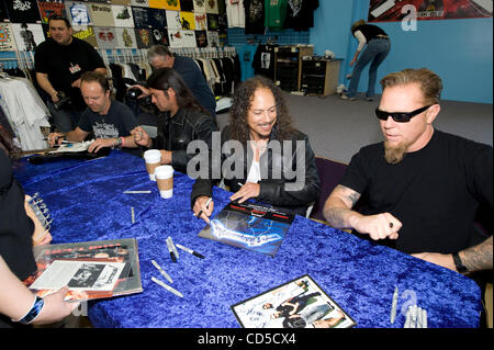 Apr 19, 2008 - Mountain View, California, USA - The heavy metal band Metallica officially launched Record Store Day, with an in-store signing and fan meet and greet at Rasputin Music in Mountain View, California, the band's first in-store appearance in nearly a decade. PICTURED: JAMES HETFIELD, LARS Stock Photo