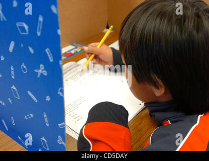 Quail Run third graders take a practice STAR (California Standardized Testing and Reporting) test on Monday, April 21, 2008, in San Ramon, Calif.  Takaya Sato works on math questions. The real STAR tests begin on Tuesday.  (Cindi Christie/Contra Costa Times) Stock Photo