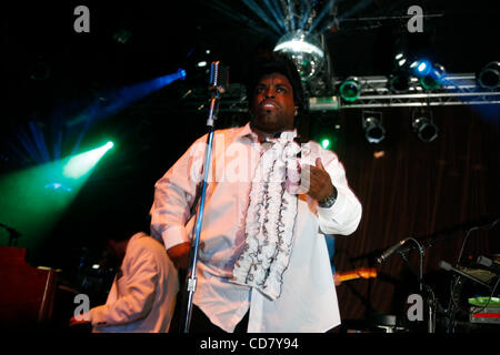 Gnarls Barkley performing at The Highline Ballroom on April 10, 2008. Danger Mouse (Brian Burton) - in sunglasses on keyboards. vocalist Cee-Lo Green (Thomas Callaway) on the mic. Stock Photo