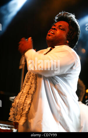 Gnarls Barkley performing at The Highline Ballroom on April 10, 2008. Danger Mouse (Brian Burton) - in sunglasses on keyboards. vocalist Cee-Lo Green (Thomas Callaway) on the mic. Stock Photo