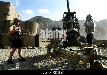 Oct 10, 2008 - Paktya, Afghanistan - In response to Taliban mortar and rocket attack on Combat Outpost Wilderness, Paktya province, Afghanistan, two crews of the 4-320 Field Artillery Battalion fire their 105mm guns at the enemy positions more than three miles away. (Credit Image: © Paul Avallone/ZU Stock Photo