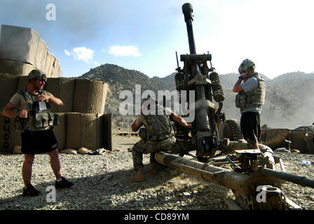 Oct 10, 2008 - Paktya, Afghanistan - In response to Taliban mortar and rocket attack on Combat Outpost Wilderness, Paktya province, Afghanistan, two crews of the 4-320 Field Artillery Battalion fire their 105mm guns at the enemy positions more than three miles away. (Credit Image: © Paul Avallone/ZU Stock Photo