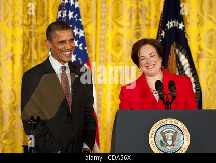 Aug 6, 2010 - Washington, District of Columbia, U.S., -  President BARACK OBAMA looks on as Spolictor General ELENA KAGAN speaks during a reception in the White House East room in Kagan's honor. (Credit Image: © Pete Marovich/ZUMApress.com) Stock Photo