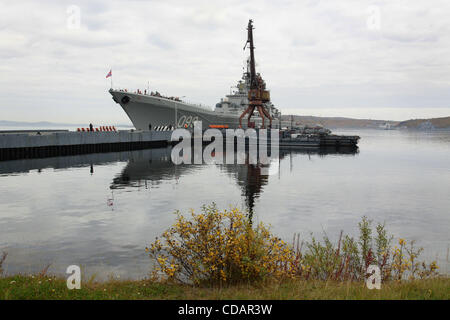 Sep 12, 2010-Severomorsk, Russia- The heavy nuclear missile cruiser of the Northern Fleet 'Peter Velikiy'( Peter the Great) returned to the main base of the Northern Fleet, Severomorsk on Sunday after a long voyage, which lasted six months. In a solemn meeting of the cruiser took part: the commander Stock Photo