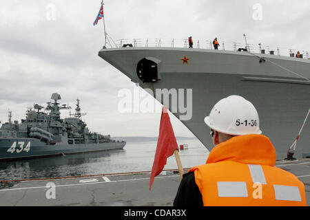 Sep 12, 2010-Severomorsk, Russia- The heavy nuclear missile cruiser of the Northern Fleet 'Peter Velikiy'( Peter the Great) returned to the main base of the Northern Fleet, Severomorsk on Sunday after a long voyage, which lasted six months. In a solemn meeting of the cruiser took part: the commander Stock Photo