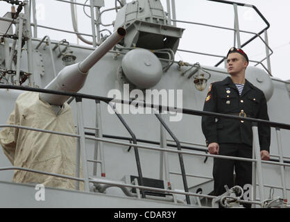 Sep 12, 2010-Severomorsk, Russia- The heavy nuclear missile cruiser of the Northern Fleet 'Peter Velikiy'( Peter the Great) returned to the main base of the Northern Fleet, Severomorsk on Sunday after a long voyage, which lasted six months. In a solemn meeting of the cruiser took part: the commander Stock Photo