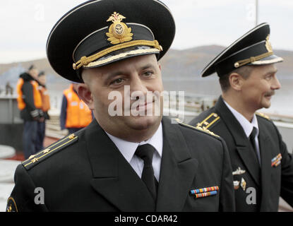 Sep 12, 2010-Severomorsk, Russia- The heavy nuclear missile cruiser of the Northern Fleet 'Peter Velikiy'( Peter the Great) returned to the main base of the Northern Fleet, Severomorsk on Sunday after a long voyage, which lasted six months. In a solemn meeting of the cruiser took part: the commander Stock Photo