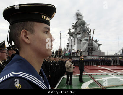 Sep 12, 2010-Severomorsk, Russia- The heavy nuclear missile cruiser of the Northern Fleet 'Peter Velikiy'( Peter the Great) returned to the main base of the Northern Fleet, Severomorsk on Sunday after a long voyage, which lasted six months. In a solemn meeting of the cruiser took part: the commander Stock Photo