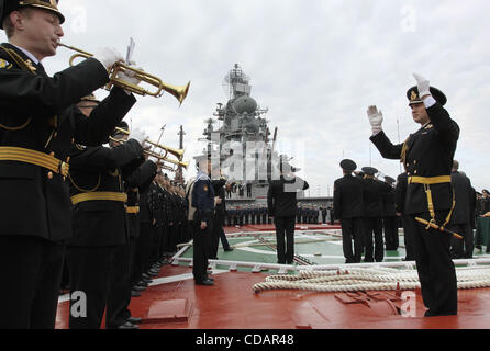 Sep 12, 2010-Severomorsk, Russia- The heavy nuclear missile cruiser of the Northern Fleet 'Peter Velikiy'( Peter the Great) returned to the main base of the Northern Fleet, Severomorsk on Sunday after a long voyage, which lasted six months. In a solemn meeting of the cruiser took part: the commander Stock Photo