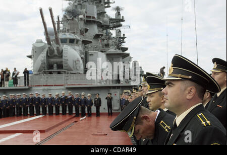 Sep 12, 2010-Severomorsk, Russia- The heavy nuclear missile cruiser of the Northern Fleet 'Peter Velikiy'( Peter the Great) returned to the main base of the Northern Fleet, Severomorsk on Sunday after a long voyage, which lasted six months. In a solemn meeting of the cruiser took part: the commander Stock Photo