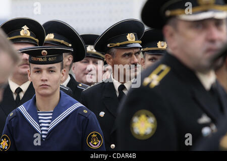 Sep 12, 2010-Severomorsk, Russia- The heavy nuclear missile cruiser of the Northern Fleet 'Peter Velikiy'( Peter the Great) returned to the main base of the Northern Fleet, Severomorsk on Sunday after a long voyage, which lasted six months. In a solemn meeting of the cruiser took part: the commander Stock Photo