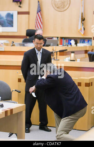 Sept. 13, 2010 - Vista, California, USA - Hollywood actor Shelley Malil who was arrested for attempted murder after his ex-girlfriend, Kendra Beebe, was stabbed at least 20 times in San Marcos, California on August 10 2008 used a rubber knife to demonstrate the attack to prosecutor Keith Watanabe in Stock Photo