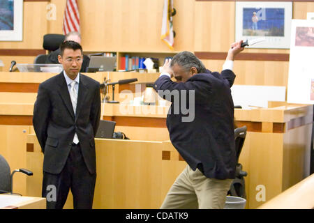 Sept. 13, 2010 - Vista, California, USA - Hollywood actor Shelley Malil who was arrested for attempted murder after his ex-girlfriend, Kendra Beebe, was stabbed at least 20 times in San Marcos, California on August 10 2008 used a rubber knife to demonstrate the attack to prosecutor Keith Watanabe in Stock Photo