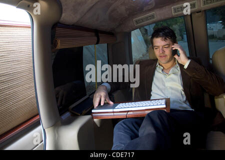 Jason Blum, President, Blumhouse Productions, conducts most of his business from the back of his tricked-out mini-van.   Blum made Paranormal Activity 1 + 2 and recently released Insiduous.'      photo by Jonathan Alcorn/ZumaPress Stock Photo