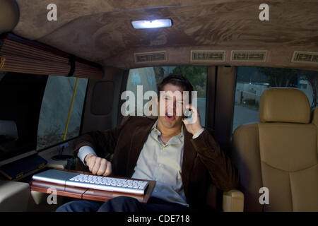 Jason Blum, President, Blumhouse Productions, conducts most of his business from the back of his tricked-out mini-van.   Blum made Paranormal Activity 1 + 2 and recently released Insiduous.'      photo by Jonathan Alcorn/ZumaPress Stock Photo