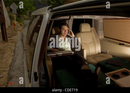 Jason Blum, President, Blumhouse Productions, conducts most of his business from the back of his tricked-out mini-van.   Blum made Paranormal Activity 1 + 2 and recently released Insiduous.'      photo by Jonathan Alcorn/ZumaPress Stock Photo