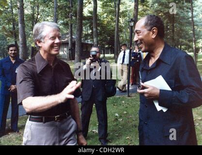 Jan. 26, 2011 - Camp David, MARYLAND, U.S. - (FILE) A file picture dated 12 September 1978 shows US President Jimmy Carter (L) with Egyptian President Anwar al Sadat (R) during Middle East peace negotiations at Camp David, Maryland, USA. (Credit Image: © Carter Archives/ZUMAPRESS.com) Stock Photo