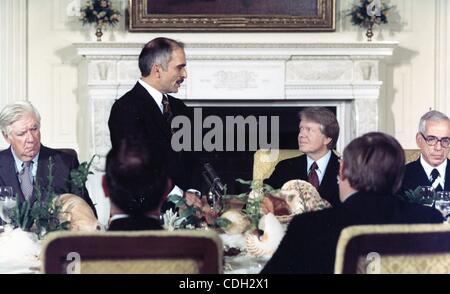 Jan. 26, 2011 - Washington, DISTRICT OF COLUMBIA, U.S. - (FILE) A file picture dated 25 April 1977 shows King Hussein I of Jordan (2L) toasting US President Jimmy Carter (2R) as Speaker of the House Thomas ''Tip'' O'Neill (L) listens during a state dinner at The White House in Washington, DC, USA. ( Stock Photo