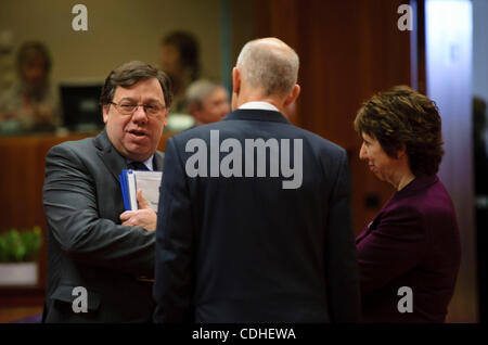Feb. 4, 2011 - Brussels, BXL, Belgium -  Irish Prime Minister Brian Cowen , Greek Prime Minister Georgios Papandreou (C) and  EU High Representative for Foreign Affairs and Security Policy Catherine Ashton (R)  prior to the  European Union head of states summit at European Councill headquarters in B Stock Photo
