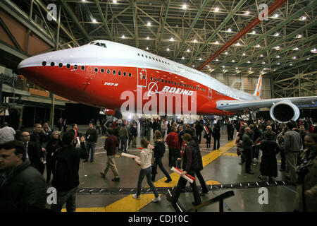 Feb. 13, 2011 - Everett, Washington, USA - Boeing unveiled the company's new 747-8 Intercontinental jumbo jet before a crowd of thousands at its manufacturing plant in Everett, Washington. The 747-8 Intercontinental can carry 467 passengers,  51 more passengers than the older 747-400.  The 747-8 als Stock Photo