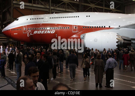 Feb. 13, 2011 - Everett, Washington, USA - Boeing unveiled the company's new 747-8 Intercontinental jumbo jet before a crowd of thousands at its manufacturing plant in Everett, Washington. The new 747-8 Intercontinental can carry 467 passengers,  51 more passengers than the older 747-400.  The 747-8 Stock Photo