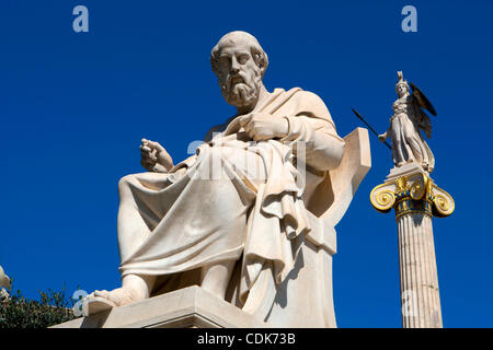 Mar. 10, 2011 - Athens, Greece - Statue of philosopher Plato or Platon and behind him Athena statue goddess of wisdom, warfare and crafts outside of Athens Academy in the center. (Credit Image: © Aristidis Vafeiadakis/ZUMAPRESS.com) Stock Photo