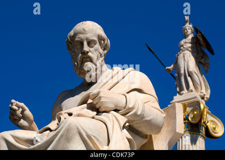 Mar. 10, 2011 - Athens, Greece - Statue of philosopher Plato or Platon and behind him Athena statue goddess of wisdom, warfare and crafts outside of Athens Academy in the center. (Credit Image: © Aristidis Vafeiadakis/ZUMAPRESS.com) Stock Photo