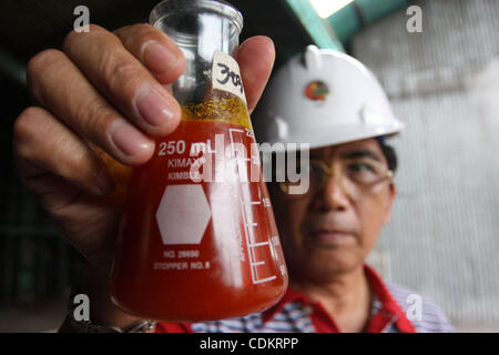 Mar 25, 2011 - Isulan, Mindanao Island, Philippines - Gervacio Calong, business development and field operation manager of Kenram Philippines, shows sample of their finished product at the processing plant. Palm oil is considered as important as its other resources as it aims for growth. Asian firms Stock Photo