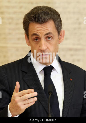 Mar. 30, 2011 - Tokyo, Japan - French President NICOLAS SARKOZY speaks during a joint press conference with the Japanese Prime Minister at his official residence in Tokyo. (Credit Image: © Junko Kimura/Jana Press/ZUMAPRESS.com) Stock Photo