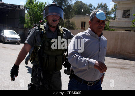 Apr 15, 2011 - Ramallah, West Bank, Palestinian Territory - An Israeli soldier detains a demonstrator during a protest by Palestinian and foreign demonstrators against the expropriation of land to expand the Jewish settlement of Halmish, in the Palestinian village of Nabi Saleh, in the Israeli-occup