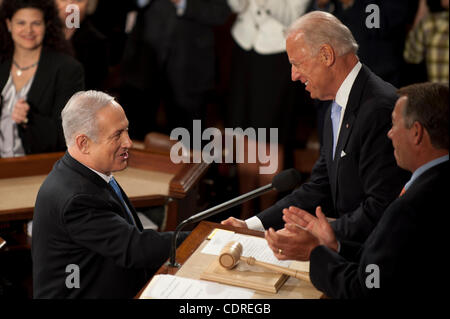 May 24, 2011 - Washington, District of Columbia, U.S. - Israeli Prime Minister BENJAMIN NETANYAHU is greeted by VICE PRESIDENT JOE BIDEN before delivering an address to a joint meeting of Congress on Tuesday. Netanyahu set forth his view of future Middle East peace in an address that reaffirmed Isra Stock Photo