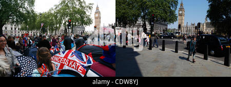 Apr. 30, 2011 - London, England, United Kingdom - Corner near the entrance to the Westminster Abbey on April 28 and same place on April 30th, 2011. Key locations of the events of the April 29th Royal Wedding of prince William and Kate Middleton before and after,  London, UK. (Credit Image: © Veronik
