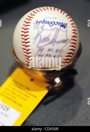 Sept. 20, 2011 - Manhattan, New York, U.S. - A baseball inscribed to Elaine Kaufman and signed by NY Mets' players Keith Hernandez and Gary Carter up for auction Doyle New York Auctioneers & Appraisers hosts the auction of the estate of Elaine Kaufman, famed restauranteur of Elaine's on Second Avenu Stock Photo