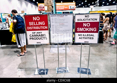 Aug. 27, 2011 - Los Angeles, California, USA -  Signs inside the entrance to the 2011 HempCon, a three-day expo which caters to the needs of the medical marijuana community. Stock Photo