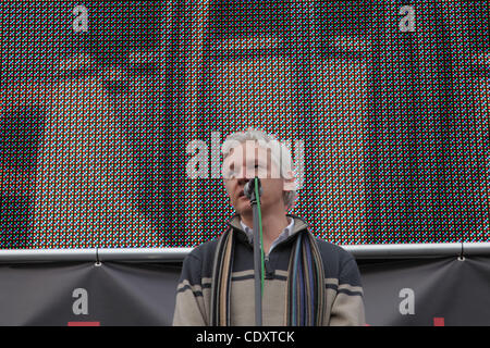Julian Assange joined the demonstration to stop the war and he gave a speech in Stock Photo