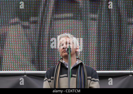 Oct. 8, 2011 - London, England, United Kingdom - JULIAN ASSANGE joined the demonstration to stop the war and he gave a speech in Trafalgar Square. Protestors gathered in Trafalgar Square to mark the 10th anniversary of the Afghan war in Afghanistan, while calling on the British government to withdra Stock Photo