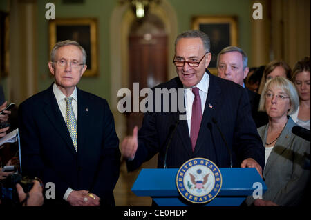 July 29, 2011 - Washington, District of Columbia, U.S. - Senator CHUCK SCHUMER (D-NY) speaks to reporters during a press conference on Capitol Hill Friday. Senate Majority Leader HARRY REID (D-NV) said his budget legislation would increase the nation's borrowing authority until March, 2013. He also  Stock Photo