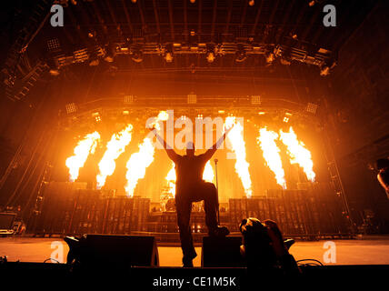 Aug. 10, 2011 - Dallas, Texas, U.S - Lead Singer DAVID DRAIMAN of the heavy metal rock band Disturbed performs live on stage at the Rockstar Energy Drink Mayhem Festival at the Gexa Energy Pavillion.  (Credit Image: © Albert Pena/Southcreek Global/ZUMAPRESS.com) Stock Photo